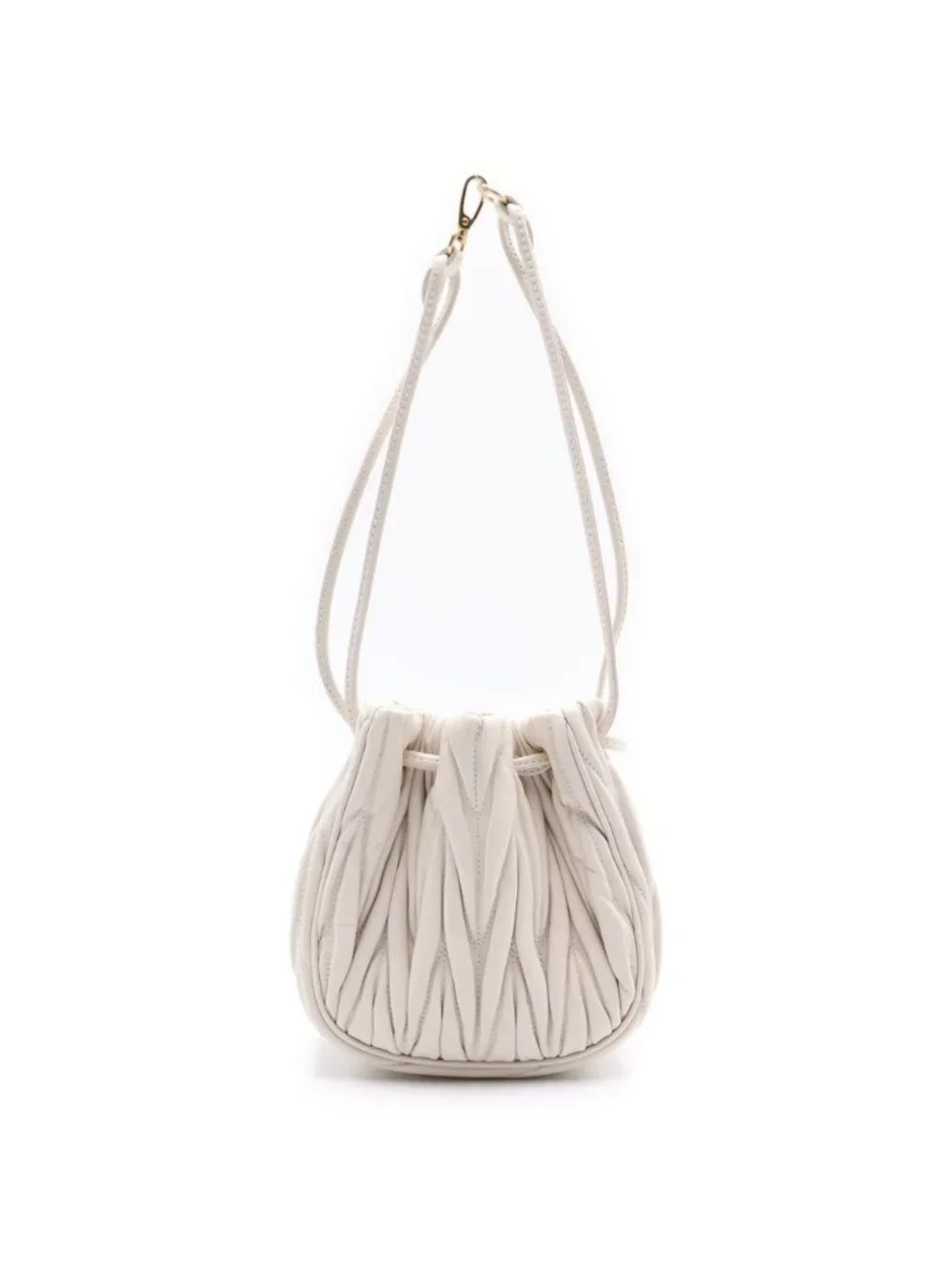 Miu Miu Matelasse Drawstring Pouch Mini Handbag White Leather Gold